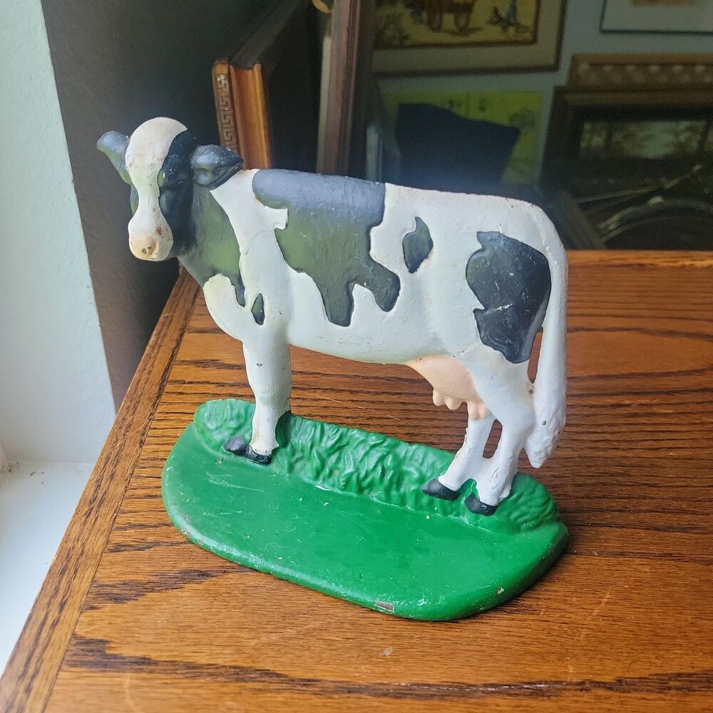 Vtg Black & White Dairy Cow Holstein Cast Iron Painted Door Stop Country Farm